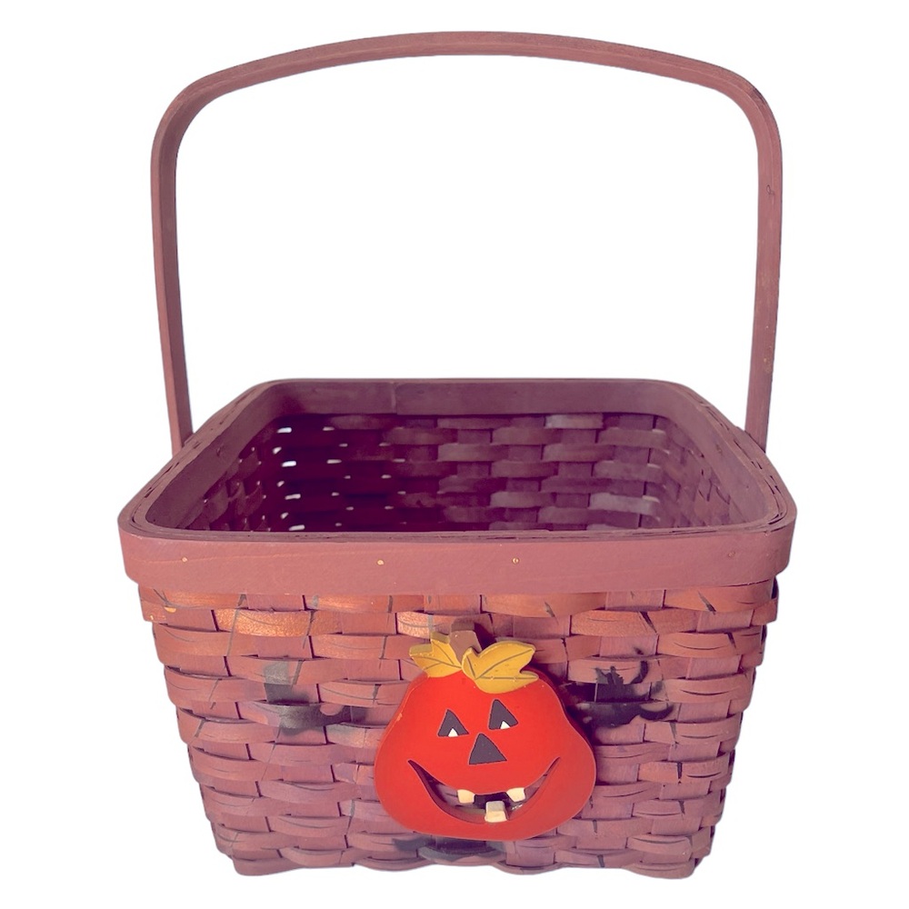 Spooky Purple Halloween Basket with a Pumpkin, Bats, and Spiders on the Sides.